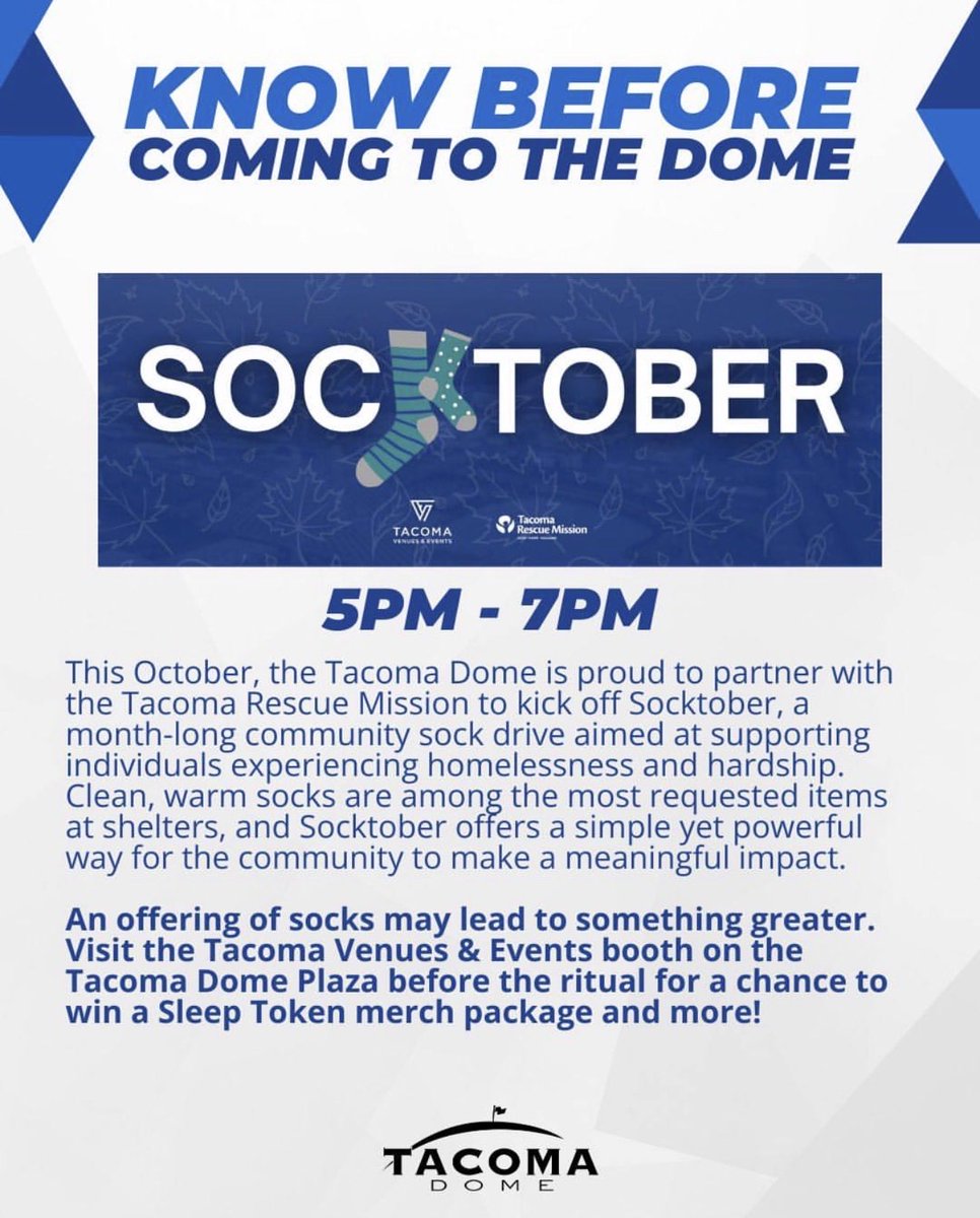 #SleepToken fans - before coming for the Dome, make sure to bring new and unused socks to the Tacoma Venues &amp; Events tent on the Plaza for a chance to win prizes including tonight’s merch!