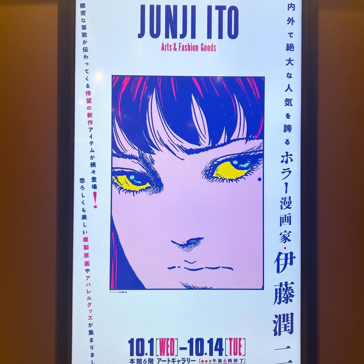 _aitsuntsun's tweet photo. #新宿伊勢丹 本館6階アートギャラリーで開催中の #junjiitoproject に行ってきた。
 #伊藤潤二 先生の原画展示と、アーティストとのコラボ作品展示、アパレルコラボ商品の受注会などなど。
 #doooo さんの #人肉アイテム とのコラボは、ずっと前から実物を見たかった。 https://t.co/oBTWtskofQ