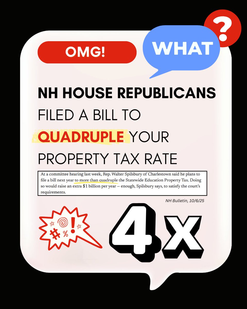 Kelly Ayotte and House Republicans funneled millions to private schools and out-of-state corporations — now they want to QUADRUPLE your property taxes to solve their budget crisis. That’s not a #FairChance. #NHPolitics 

Don't believe us? Read more here: newhampshirebulletin.com/2025/10/06/aft…