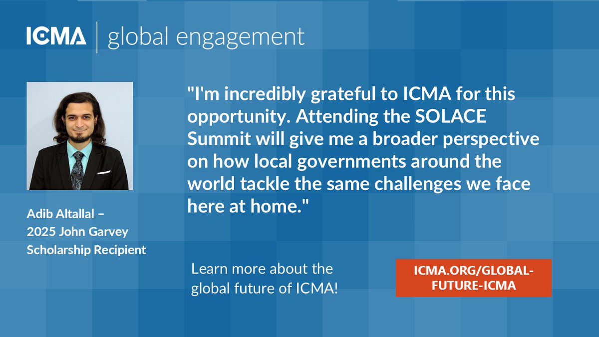 ICMA's tweet image. Congrats to ICMA’s Global Award recipients: Cole Haselip, Salma Rashid, and Adib Altallal! Learn how their fellowships foster growth, connection, and fresh ideas for #localgov. Explore the 2026 Tranter-Leong Fellowship! bit.ly/46lCDcN