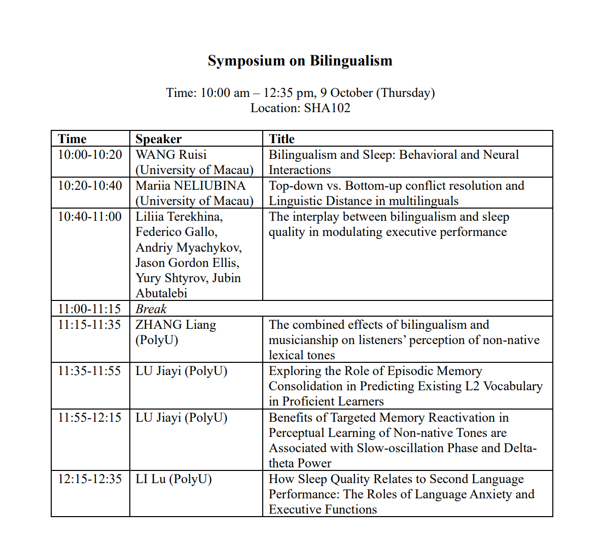 NeuroLML_Lab's tweet photo. 【upcoming symposium】We are happy to announce the upcoming Symposium on Bilingualism on 9 October hosted by our lab together with Prof. Andriy Myachykov (University of Macau) at the Hong Kong Polytechnic University SHA102.
Check for the programs! https://t.co/ojLWMmeccC
