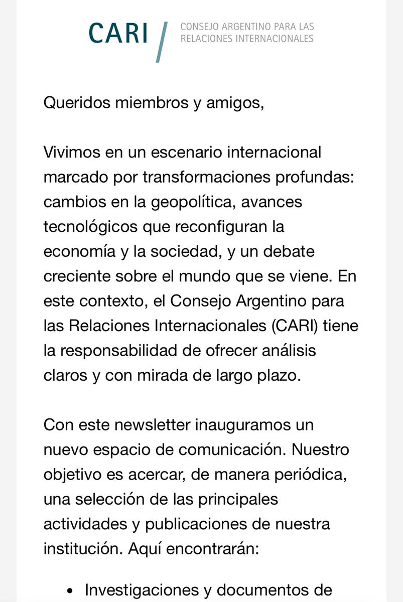 ¡Nuevo lanzamiento!

“CARI en foco” es el nuevo newsletter del Consejo Argentino para las Relaciones Internacionales: una herramienta para profundizar el vínculo con quienes comparten nuestro interés por la política exterior argentina y la agenda global.

Cada edición mensual