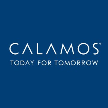 Blue background with white text Calamos and slogan Today for Tomorrow above it. Orange background with white Bitcoin symbol B.