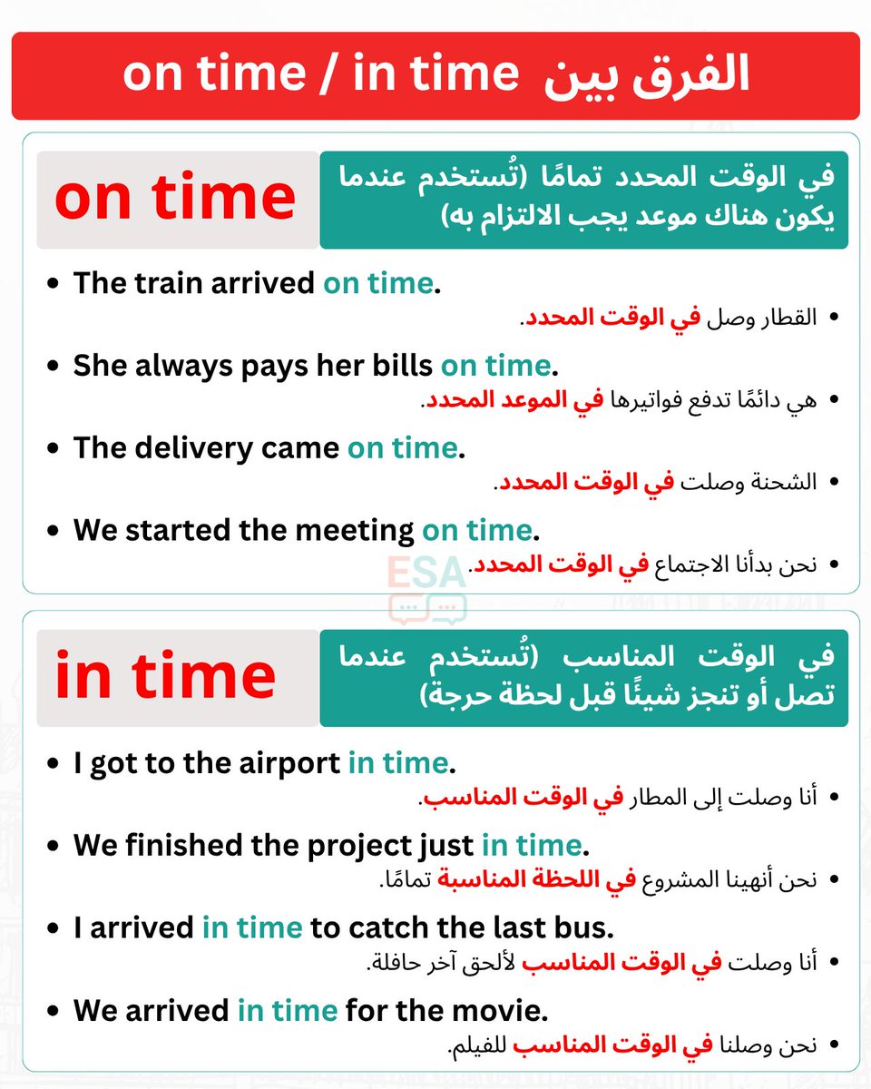 LearnEnglish224's tweet photo. الفرق بين in time / on time
حطينا لكم كل كلمة في أمثلة تسهل حفظها وتذكرها
فضلوها تفيدكم👍 https://t.co/VKW63Sj7HO