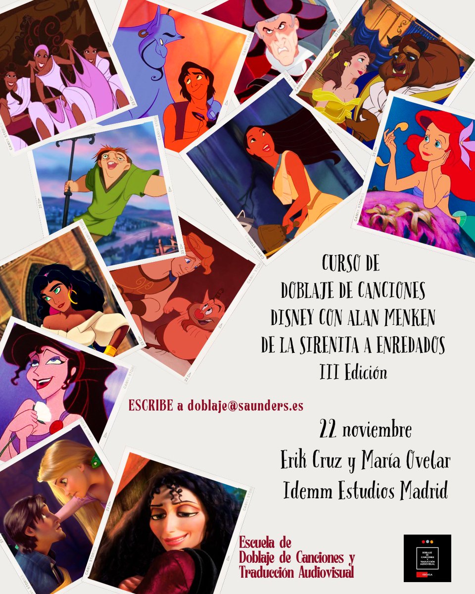 🎶 Curso de Doblaje de Canciones Disney con Alan Menken: De La sirenita a Enredados 🎶

🔸 MADRID, sábado 22 de noviembre de 2025

🎤 ¿Te gustaría aprender a doblar canciones para películas de animación?

👉 con Erik Cruz y María Ovelar

Info: bit.ly/3J208i3