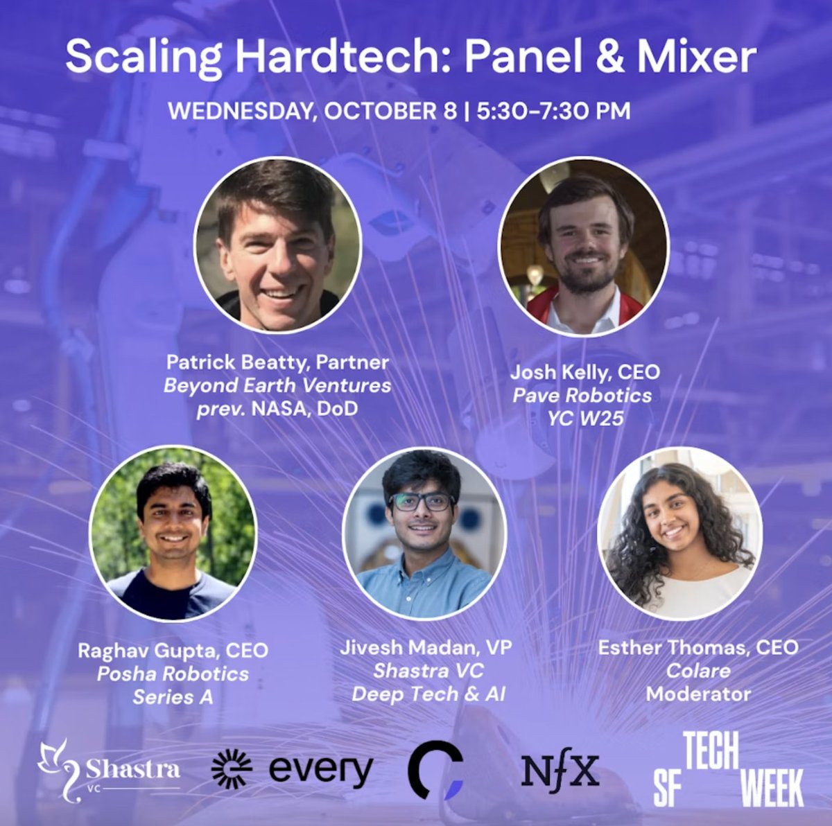 BeyondEarthTech's tweet photo. Our Managing Director Patrick Beatty will be joining the stage as a panelist at the Scaling Hardtech: Panel & Mixer event during San Francisco Tech Week - a flagship event that sets the tone for the industry, organised by Colare and NFX. 

Patrick will dive into the most critical topics alongside outstanding fellow speakers:
• Raghav Gupta – Co-founder, @eatwithposha  Robotics
• Jivesh Madan – VP Investments at @ShastraVC 
• Josh Kelly – CEO, Pave Robotics (YC W25)
and brilliantly moderated by Thomas Esther, CEO of @colareai .

📍 NFX HQ, 34 Page St, San Francisco
🗓️ Tuesday, October 8 | 5:30–7:30 PM

Patrick has always been a strong advocate for the future of deeptech innovation, supporting founders who are building bold companies at the intersection of science and technology. From scaling robotics to advancing frontier technologies, he is passionate about helping visionary teams turn breakthrough ideas into world-changing businesses.

If you’ll be in San Francisco during Tech Week, join us at the Panel as well as the Tech Week, this is a must-attend opportunity to connect with Patrick and discuss the latest trends shaping deep tech investing.

More info and registration for the event here: https://t.co/KEqhGBy6eD

#DeepTech #Investing #SanFranciscoTechWeek #BeyondEarthVentures