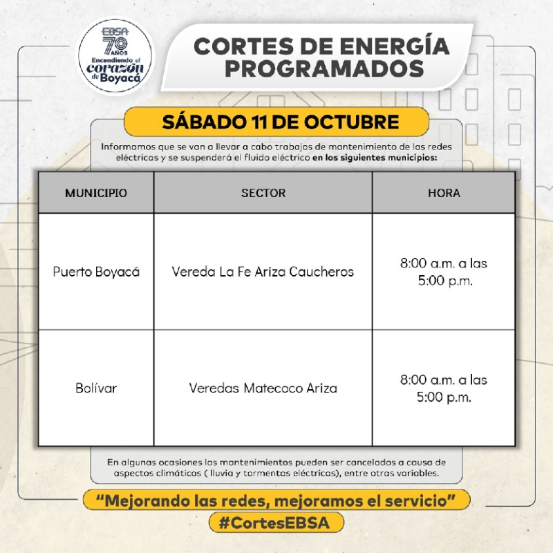 🕯️ #CortesProgramados | Sábado 11 de octubre 🗓️ Programación de suspensiones en el servicio de 💡energía,  para el mantenimiento e instalación de redes. Infórmate sobre las suspensiones en tu área visitando ➡️ ebsa.com.co/sitio/cortes_e…