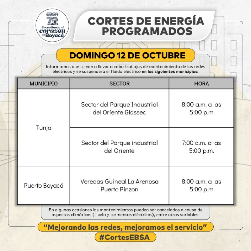 🕯️ #CortesProgramados | Domingo 12 de octubre 🗓️ Programación de suspensiones en el servicio de 💡energía,  para el mantenimiento e instalación de redes. Infórmate sobre las suspensiones en tu área visitando ➡️ ebsa.com.co/sitio/cortes_e…