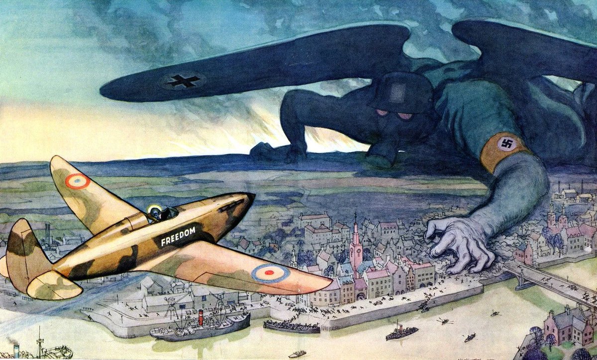 British illustration from the Second World War (1939) showing a haloed pilot flying out to confront the Nazi monster.
