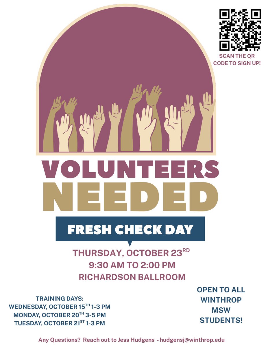 WUSocialWork's tweet photo. Volunteers Needed for Fresh Check Day!🙌🙌
Winthrop MSW students check this out! https://t.co/aU0mdZfmIp