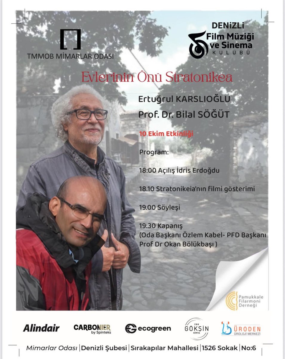 Stratonikeia’nın “Evlerinin Önü” belgeseli Denizli’de.
Kaçırmamanızı dilerim. 

@tckulturturizm <a href="/kvmgm/">Kültür Varlıkları ve Müzeler Genel Müdürlüğü</a> <a href="/birolincecikoz/">Birol İnceciköz🇹🇷</a> <a href="/_Stratonikeia_/">Stratonikeia ve Lagina Kazısı</a> 
<a href="/pauedutr/">Pamukkale Üniversitesi</a> <a href="/TMMOB1954/">TMMOB</a>