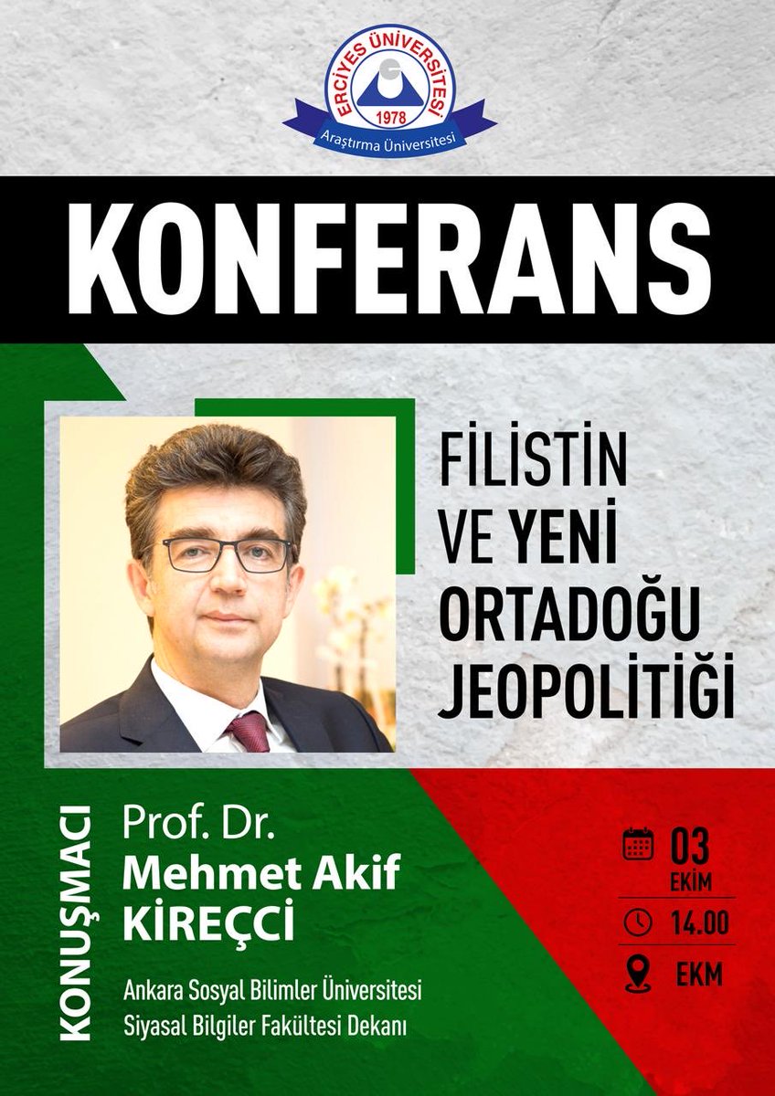 AkifKirecci's tweet photo. Erciyes Üniversitesi’nde açılış dersimizin konusu “Filistin ve Yeni Ortadoğu Jeopolitiği” idi. 
Daveti için ⁦@ProfFatihAltun⁩ hocama ve değerli meslektaşlarım ve öğrencilerimize çok teşekkür ederim. ⁦@ErciyesUni1978⁩ https://t.co/UTRQPt5D8N