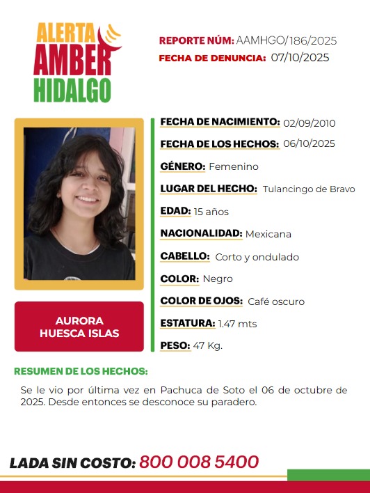 AAMBER_hgo's tweet image. 🟡Solicitamos tu apoyo con la #DIFUSIÓN de la #AlertaAmberHidalgo para localizar a AURORA HUESCA ISLAS. Si tienes información, comunícate al ☎️8009121314 PROCURATEL #PGJEH #CadaSegundoCuenta #TuAyudaCuenta #ActuemosRápido.
