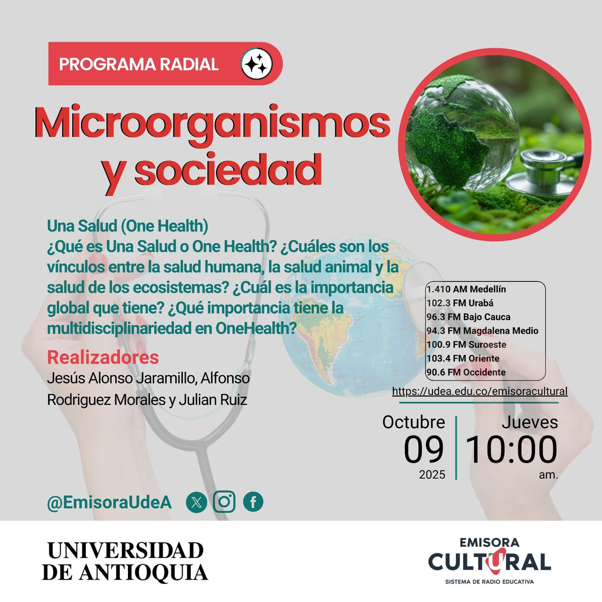 Este jueves en <a href="/emisoraudea/">Emisora Cultural UdeA</a> en nuestro programa Microorganismos y Sociedad estaremos hablando de OneHealth (Una Salud) junto a <a href="/julianruizsaenz/">Julian Ruiz Saenz</a> y <a href="/alonsojllo/">Alonso Jaramillo A</a>. No se lo pierda! Un tema de gran vigencia actual, nacional e internacional! <a href="/acinnacional/">ACINNACIONAL</a> <a href="/SLAMVI/">SLAMVI</a> <a href="/aleimc_/">ALEIMC</a>