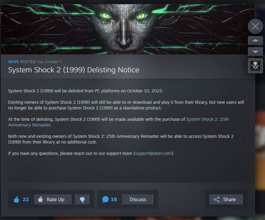 BabalKabak's tweet image. Delisting doux-amer pour #SystemShock2 #Steam 
Vous gardez votre accès au jeu mais il sera delisté de la vente aux joueurs qui voudraient le découvrir seul (obligé de passer à la caisse via le Remake).
Si jamais ça t&apos;intéresse @Repairedugamer 👀