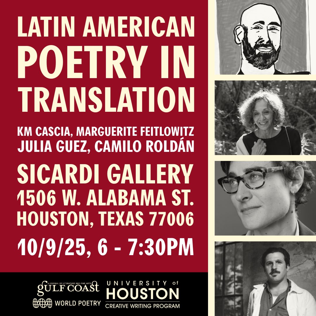 This Thursday at Sicardi Gallery!

Entry is free, but please register here: eventbrite.com/e/latin-americ…

<a href="/worldpoetrybook/">World Poetry Books</a> <a href="/uhcwp/">UH Creative Writing Program</a> <a href="/SicardiGallery/">Sicardi Ayers Bacino</a>