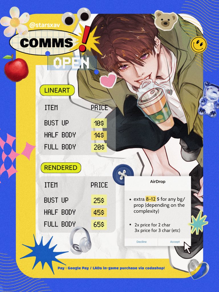 ‼️COMMISSION - (OPEN)

*details are in the pic attached
*any query, you can reach out to me in dms 🫶

note: these are standard prices, your prices can be adjusted!

#LoveandDeepspace #恋与深空 #Xavier #沈星回 #Zayne #黎深 #Rafayel #祁煜 #Sylus #秦彻 #Caleb #夏以昼