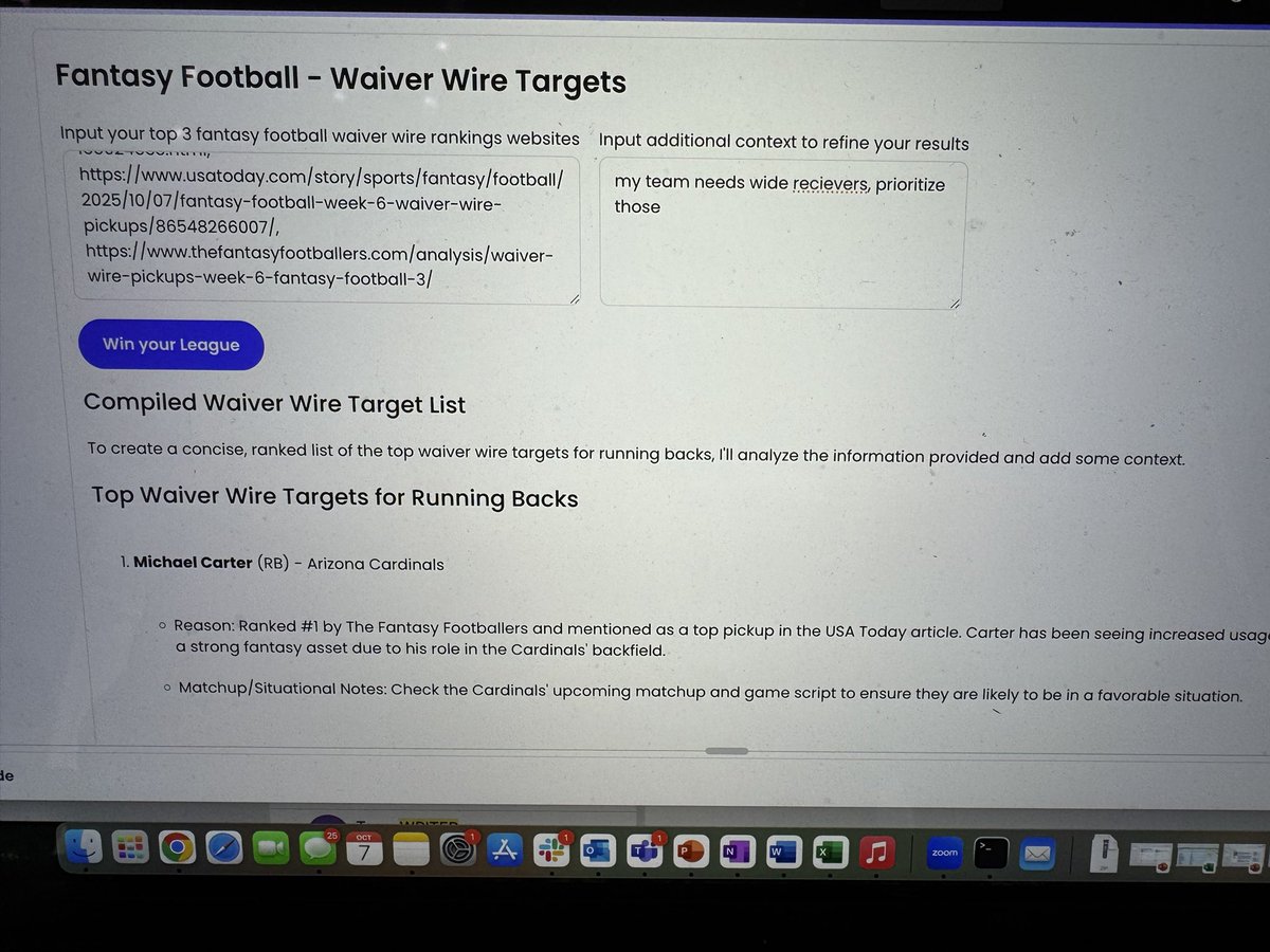 SkinsUnityDay's tweet image. Created my own AI agent to generate weekly nfl waiver wire targets. Win your league with AI #BuildWithWriter @writer
