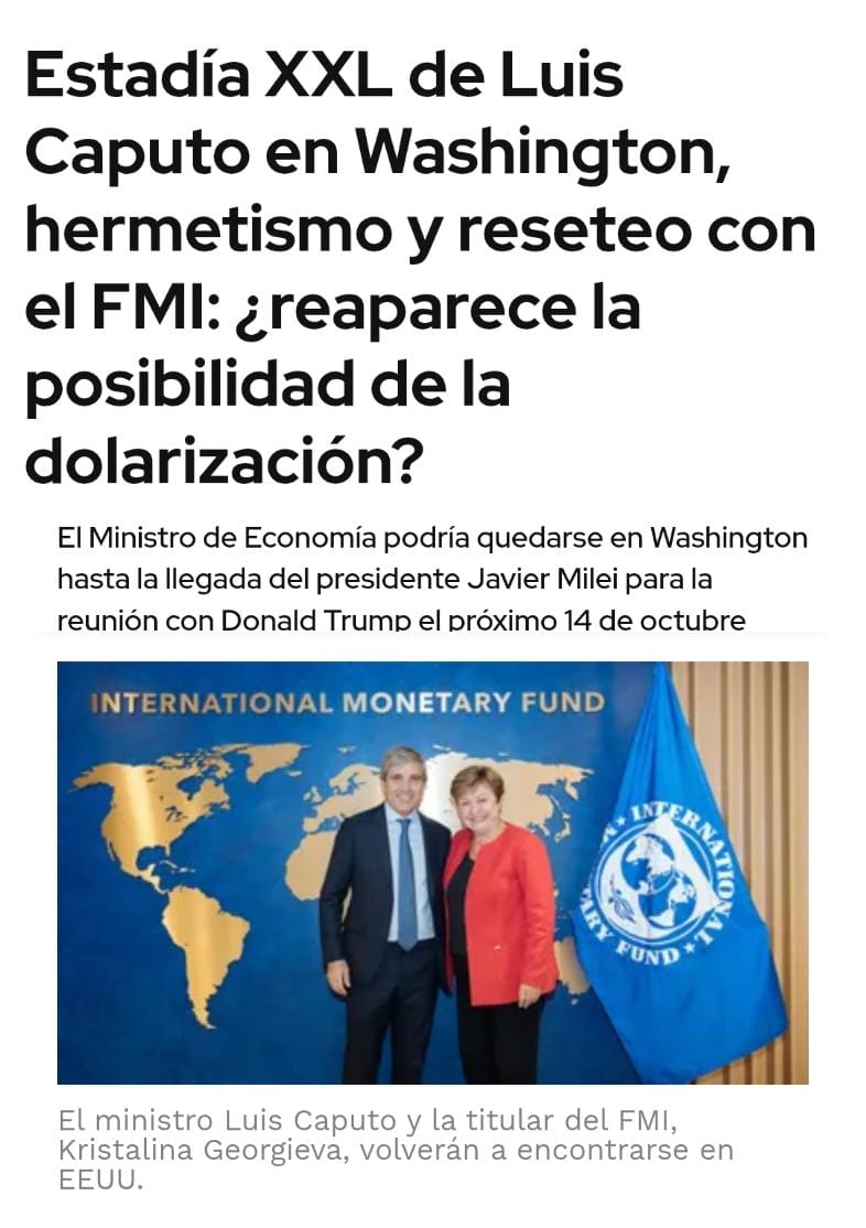 RobertoFeletti's tweet image. Se desconoce la agenda del ministro Caputo en Washington y en Argentina empiezan a circular rumores de dolarizacion. Es imperioso que el gobierno explique qué está negociando el equipo económico en los Estados Unidos. 

Vale la pena recordar que ningún país que abandonó su moneda…