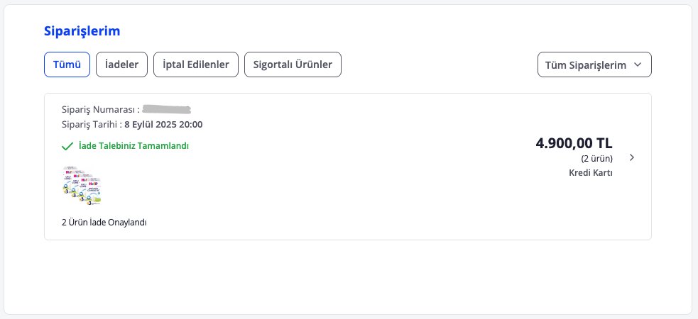 yasinyalcin_'s tweet image. Puanlarımı aktarmamı takip eden günlerde, tam olarak 8 Eylül 2025 tarihinde, 4.900 TL değerinde bebek maması siparişi verdim. Bununla ilgili ekran görüntüsü de ektedir.