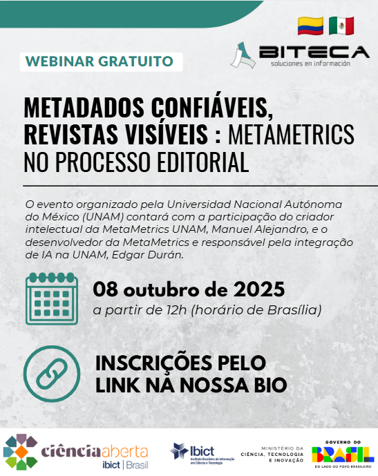 A BITECA (Soluciones em Información), está organizando um webinar com apoio da Universidad Nacional Autónoma de México (UNAM) para debater sobre metadados confiáveis no processo editorial. 
Inscreva-se pelo link: us02web.zoom.us/webinar/regist….