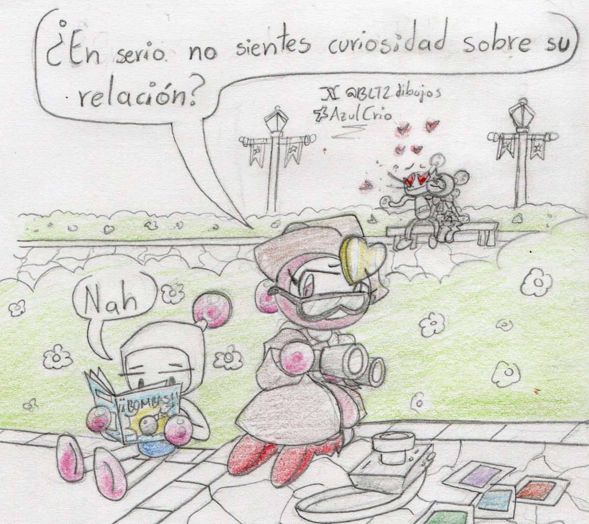 BLT2dibujos's tweet photo. La espía corazones 👒📸❤️
- 🩷: ¿En serio no sientes curiosidad sobre su relación?
#bomberman #Fanart #BombermanLandTouch #videogames #dibujo #Bluekid #drawing #traditionalart #pencildrawing #bombergirl #ボンバーマン #BomermanLand #fanarts #comics https://t.co/TIqOskWBeM