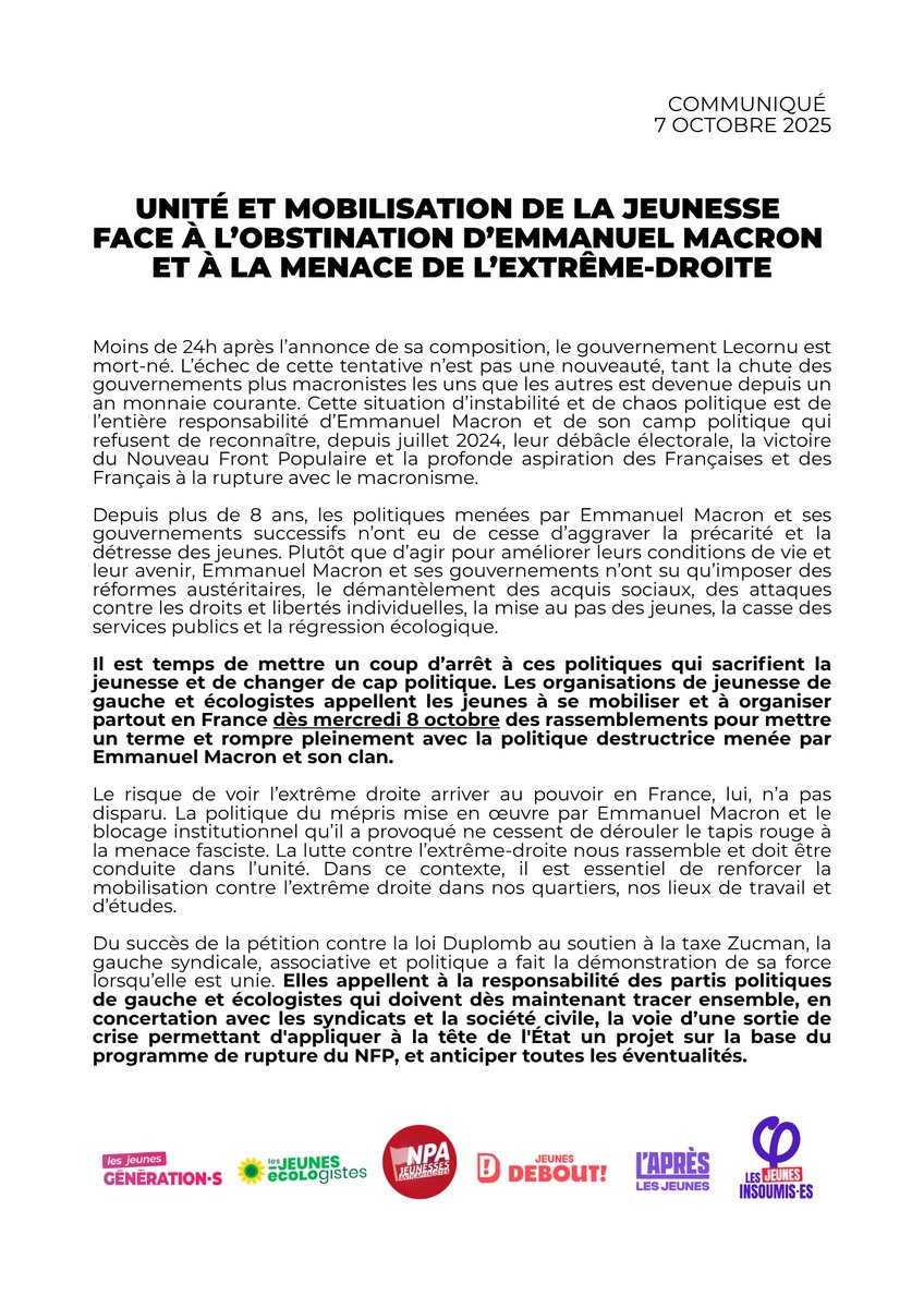 LaMontagneJS's tweet photo. @LaMontagneJS rejoint l’appel des organisations de jeunesse de gauche pour exiger une totale rupture avec le macronisme et face à la menace de l'extrême-droite.

➡️Mobilisation partout en France dès demain, mercredi 8 octobre.

#JeunesseEnLutte #8Octobre #Unité https://t.co/X5ahvEox1y