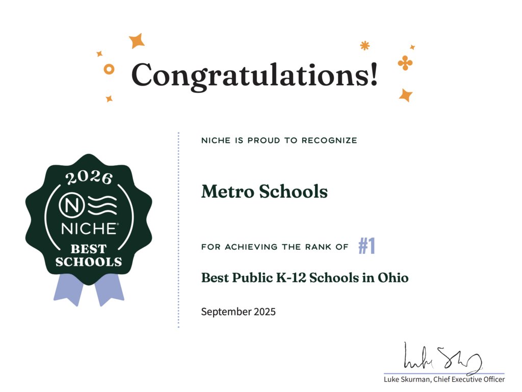 MetroHS's tweet photo. We did it again! Metro Schools received a #1 ranking in Best Public K-12 Schools in Ohio on Niche! This honor reflects our commitment to student success and outstanding academic programs. Shoutout to the families and staff who make Metro a great place to learn and grow! https://t.co/ZD7DChE5S4