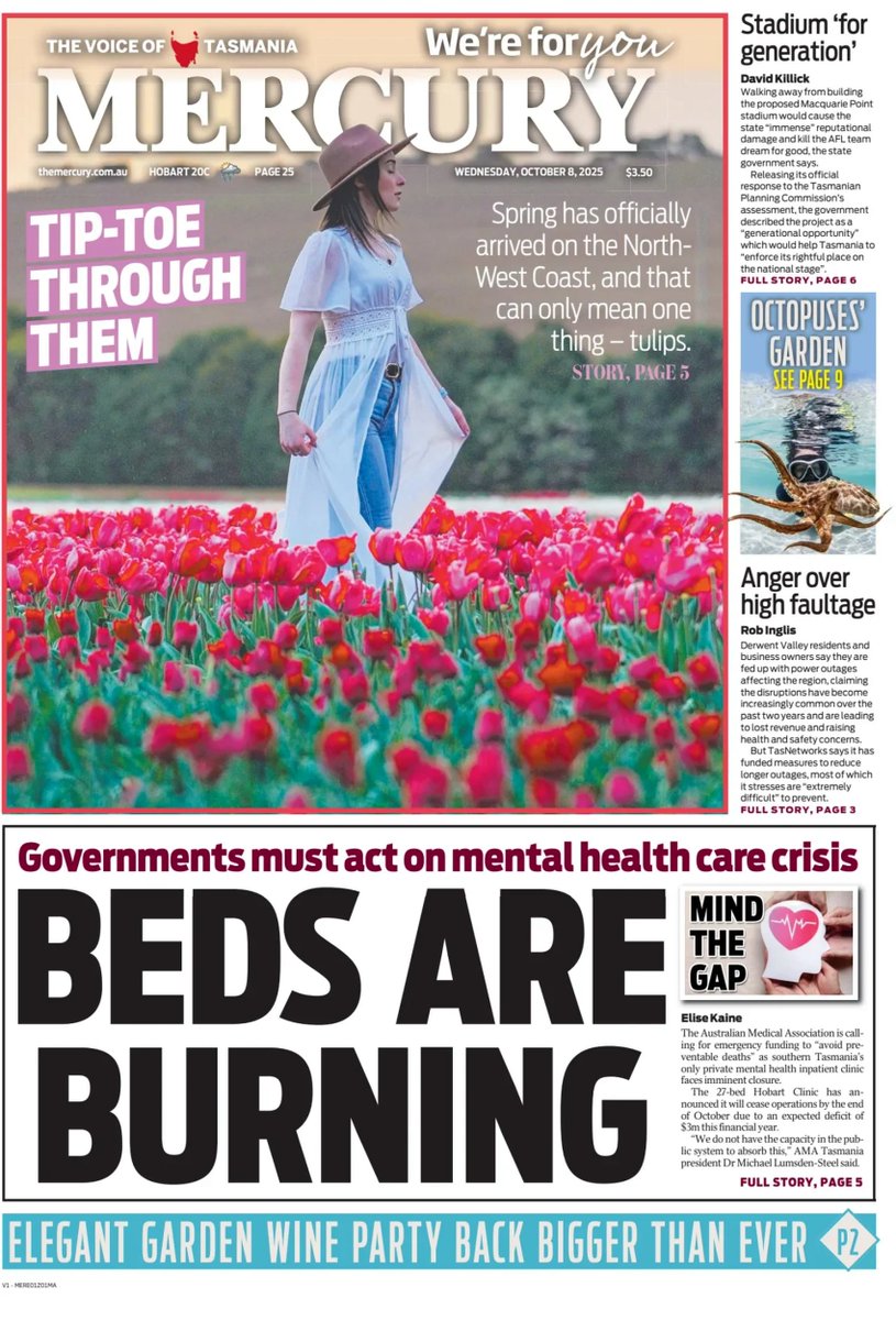 ★ Beds Are Burning

▫Tasmania’s last private mental health facility needs $3m to avoid shutdown, as medical experts warn of deadly consequences for vulnerable patients seeking care
▫<a href="/elise_kaine/">Elise Kaine</a>

#frontpagestoday #Tasmania <a href="/themercurycomau/">Mercury</a>