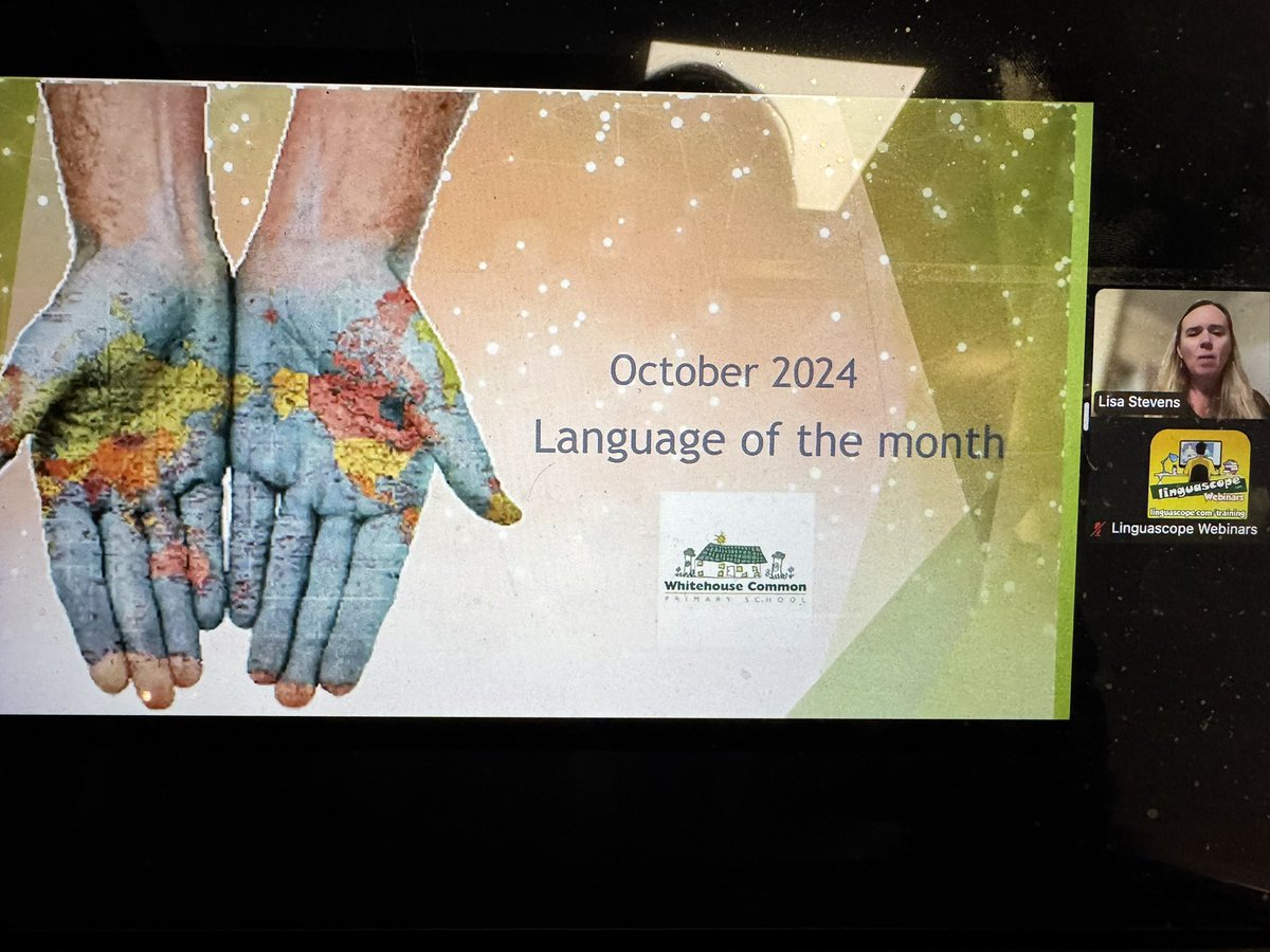 CristaHazell's tweet photo. The ever inspiring @lisibo sharing how her primary schools show how they value home & community languages by celebrating a different language each month! This is ace๐คฉ shared in tonightโs @linguascope webinar #mfltwitterati #mflchat #langchat #primarylanguages #ks2languages #HHCL https://t.co/gNBJtcW9hx