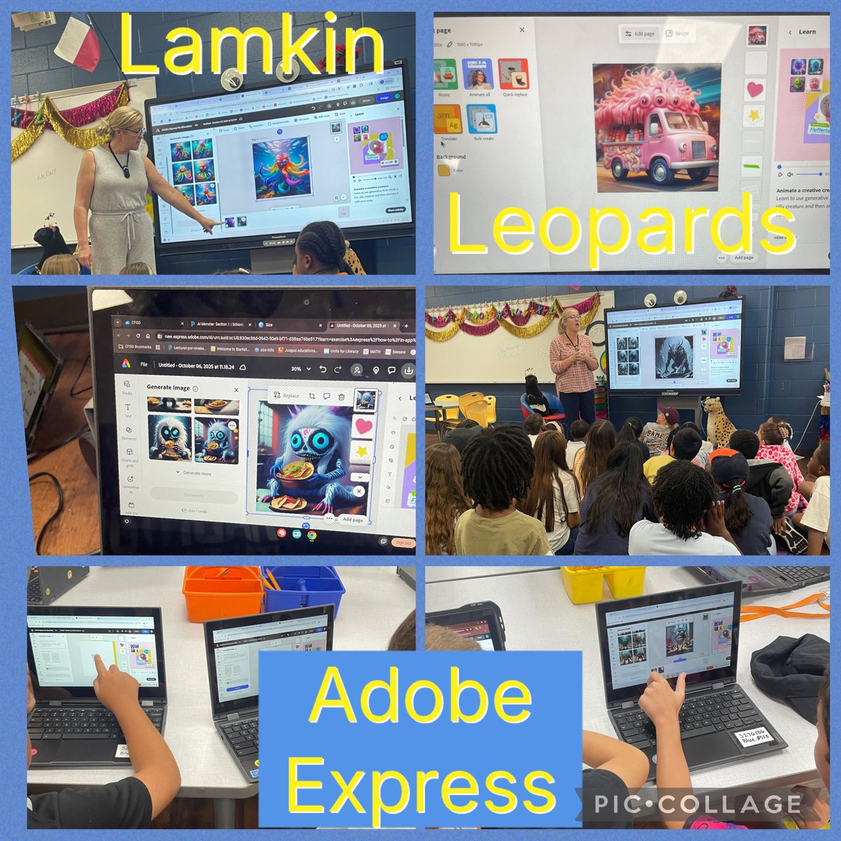 Jamaymiyuki's tweet image. The art students  @LamkinLeopards brought their imagination to life with Adobe Express and AI Creatures!  Every student had a different and unique image!  The material tab allowed for different elements of art..origami, clay, wood, etc.
❤️ Ms. Proffitt
