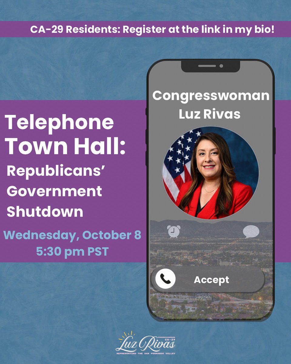 RepLuzRivas's tweet image. While Republicans are going on day 19 of vacation, I am in DC working to re-open the government and fighting to keep your healthcare from being taken away. 

Join me for a telephone town hall TOMORROW, October 8 at 5:30 pm PST to talk about this Republican government shutdown and…
