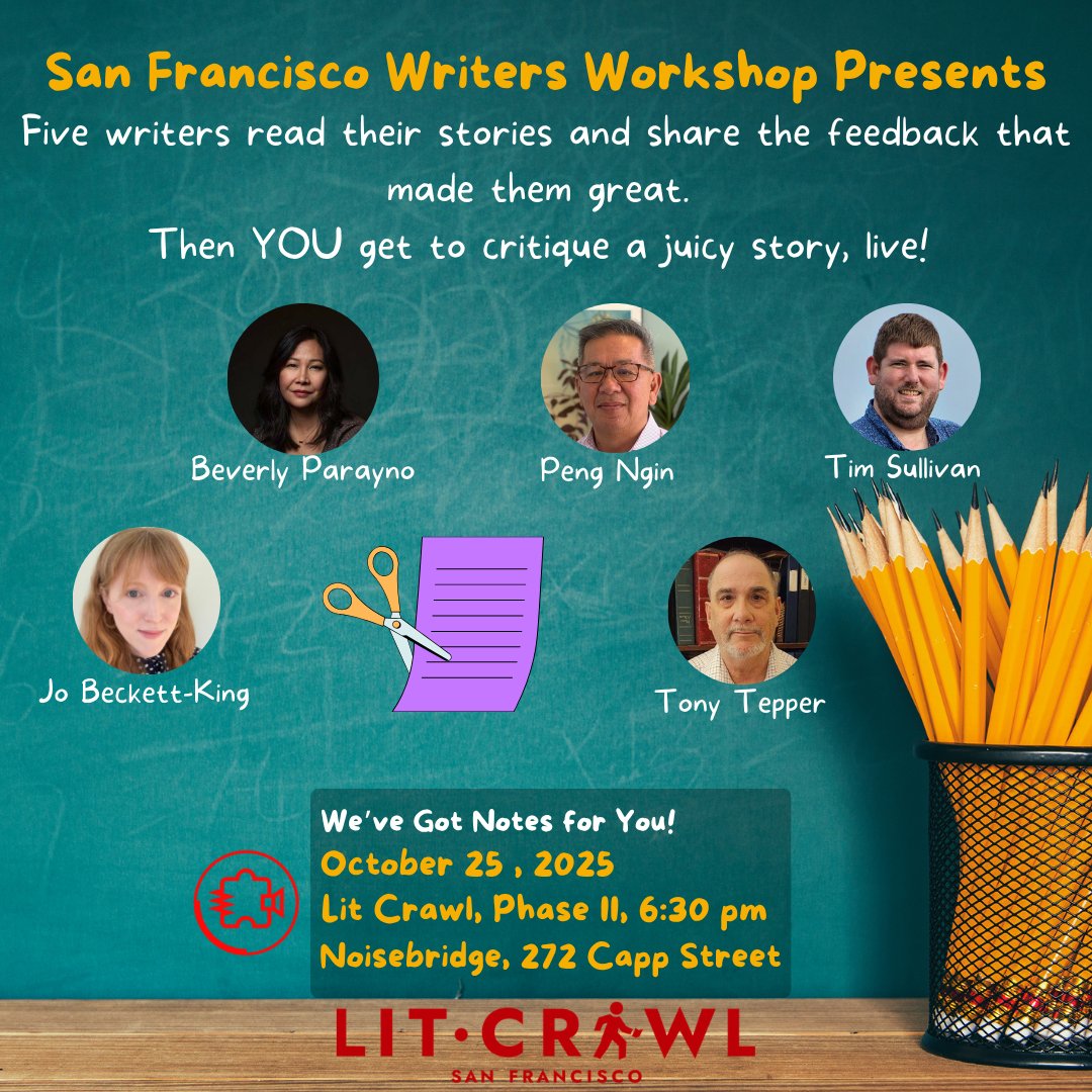I hope to see many of you at our Lit Crawl event on October 25, 2025. For SFWW, our theme this year is "We've Got Notes for You!" Five of our current and former regulars will read their writing and tell us how workshop feedback has informed their revision process.
#BookTwitter