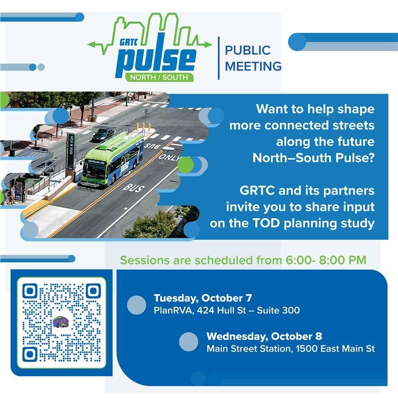 GRTCPulse's tweet image. 🚍 Missed last night’s Transit-Oriented Development meeting? Don’t worry, there are still two chances to share your input!
📅 Tonight, Oct. 7 – PlanRVA (424 Hull St., Suite 300), 6–8 PM
📅 Tomorrow, Oct. 8 – Main Street Station (1500 E. Main St.), 6–8 PM
buff.ly/YFEOTDh