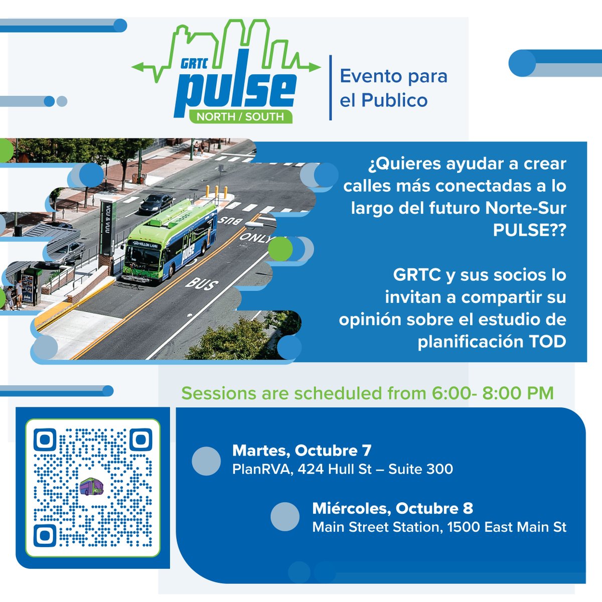 GRTCPulse's tweet image. 🚍 Missed last night’s Transit-Oriented Development meeting? Don’t worry, there are still two chances to share your input!
📅 Tonight, Oct. 7 – PlanRVA (424 Hull St., Suite 300), 6–8 PM
📅 Tomorrow, Oct. 8 – Main Street Station (1500 E. Main St.), 6–8 PM
buff.ly/YFEOTDh
