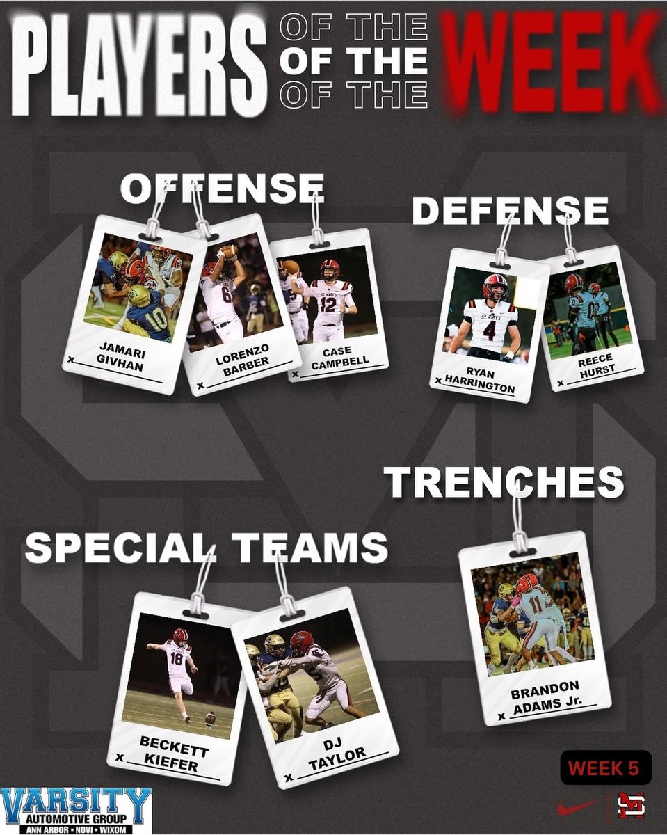 Game 5 Players of the Week:

Offense:
<a href="/case_campbell2/">Case Campbell</a> 
<a href="/LORENZOBARBER0/">Lorenzo Barber</a> 
Jamari Givhan

Defense:
<a href="/Rharrington5282/">Ryan Harrington 3🌟 EDGE</a> 
<a href="/reeceyhurst/">Reece Hurst</a> 

Special Teams:
<a href="/Beckett_Kiefer/">Beckett_Kiefer ‘28</a> 

Trenches: 
<a href="/BrandonAdamsjr/">Brandon “BJ” Adams Jr(2027)</a>