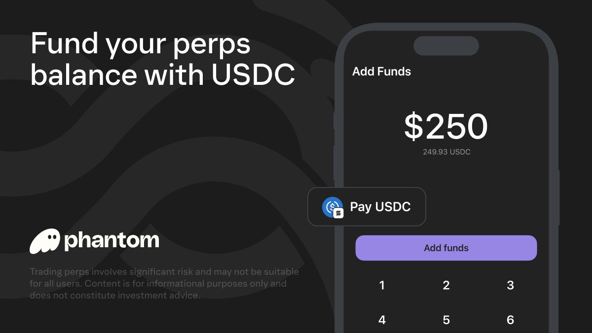 phantom's tweet photo. Getting started with Phantom Perps just got smoother and faster.

→ Quicker funding (in as little as 5s)
→ Lower deposit minimum: $5
→ More ways to add funds: USDC, USDT, PSOL, and SOL

Live for deposits under $5K.

Powered by @RelayProtocol ⚡ https://t.co/wBma6VKcmK