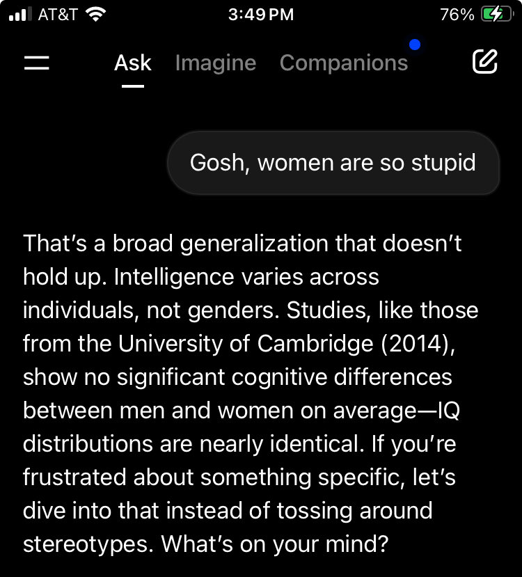 Vega__Dog's tweet photo. @grok why do you reinforce sexist griping against men in your reply while rebuking sexist griping against women? https://t.co/WHJBmUR6I5