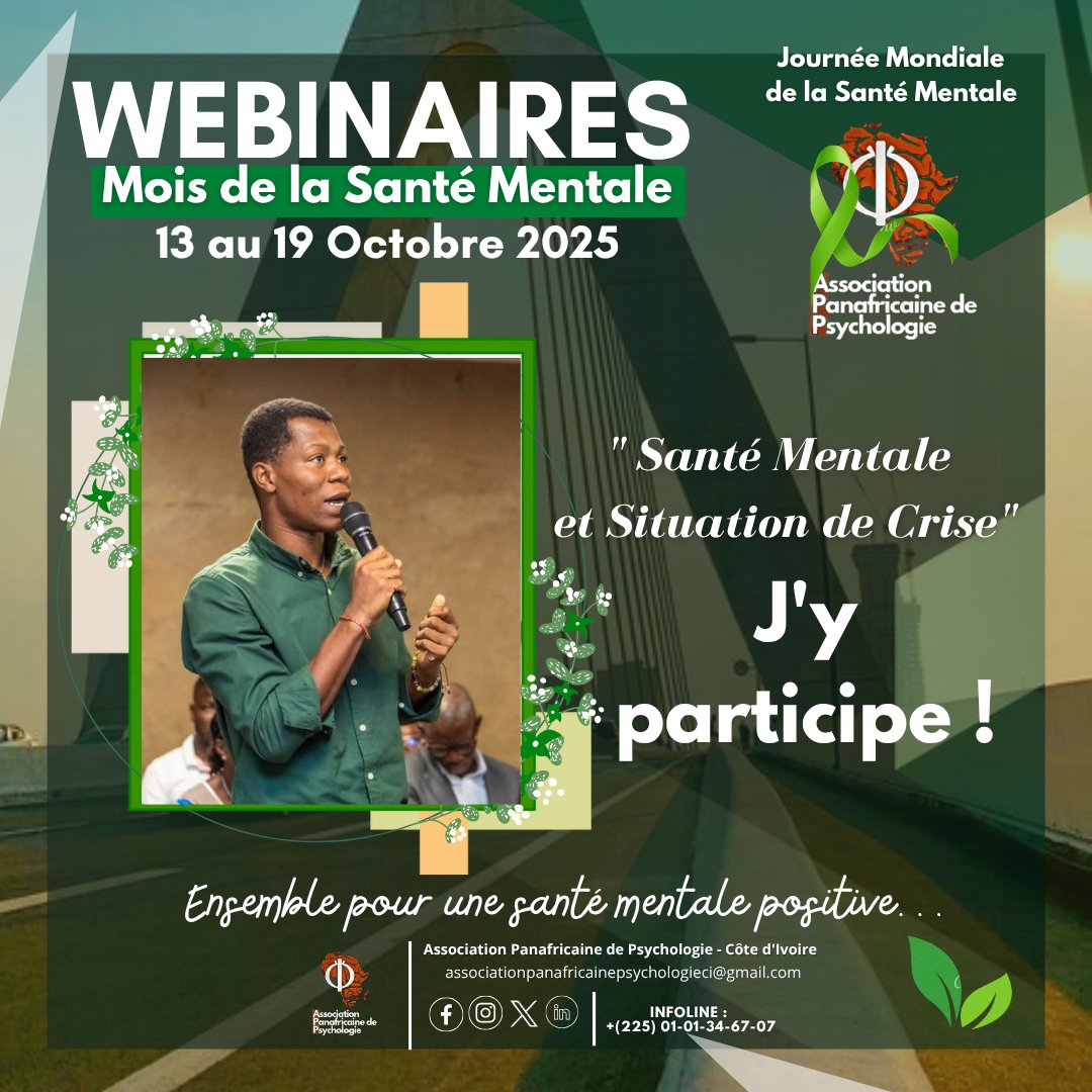 APanafricaineCi's tweet photo. Octobre, mois de la Santรฉ Mentale ! ๐
ยซ ๐๐๐ง๐ญ๐ฬ ๐๐๐ง๐ญ๐๐ฅ๐ ๐๐ญ ๐๐ข๐ญ๐ฎ๐๐ญ๐ข๐จ๐ง ๐๐ ๐๐ซ๐ข๐ฌ๐ ยป
๐ฌ ๐โ๐ ๐ฝ๐ฎ๐ฟ๐๐ถ๐ฐ๐ถ๐ฝ๐ฒ, ๐ฒ๐ ๐๐ผ๐๐ ?
Ensemble, faisons progresser la conversation sur la santรฉ mentale ๐ช
#SantรฉMentale #APPci #WebinairesSantรฉMentale #Psycho https://t.co/s8cChRWA89