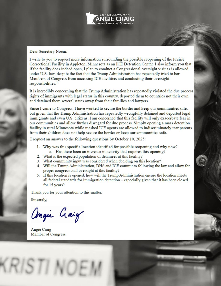 RepAngieCraig's tweet image. The Trump Admin has repeatedly violated due process, detained and deported legal immigrants and obstructed Congressional oversight of their facilities.

I am deeply concerned with a proposal to open an ICE detention center in Appleton, and demand @Sec_Noem  provide Minnesotans…