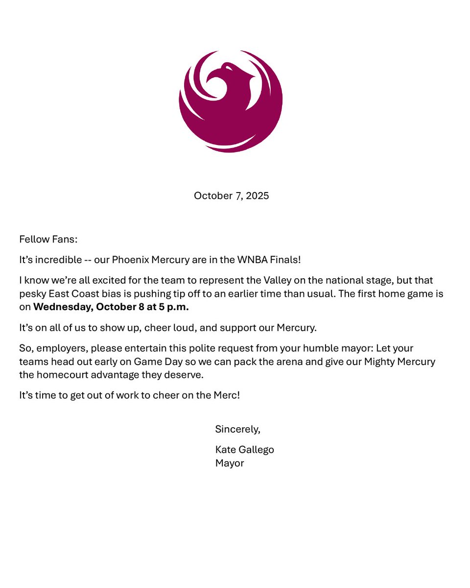 PhoenixMercury's tweet image. Permission Slip: Approved Early Release

Leaving work early on Wednesday at 5PM is not only acceptable - it’s encouraged! Throw on your Mercury gear and report for fan duty because we have an early tip off and need you in the building!
🎟️ on.nba.com/4nTpjlC
