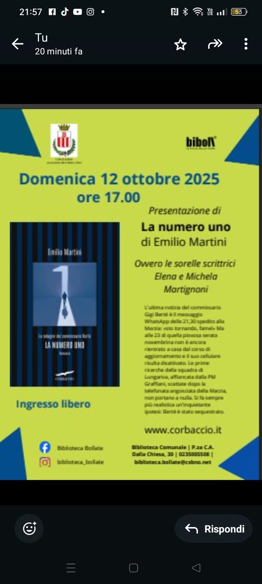 Vi aspettiamo a Bollate in biblioteca!
<a href="/LibriCorbaccio/">Corbaccio</a> 
#gialli #presentazioni #polizieschi