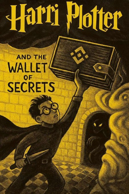 Yellow-toned book cover parody with title Harri Plotter and the Wallet of Secrets in bold stylized font. Young boy with glasses and cape holds up a wooden box marked with BNB logo resembling a wallet. Shadowy cloaked figure lurks in arched doorway behind him. Brick wall and eerie mist in background. Dagger visible in boys hand.