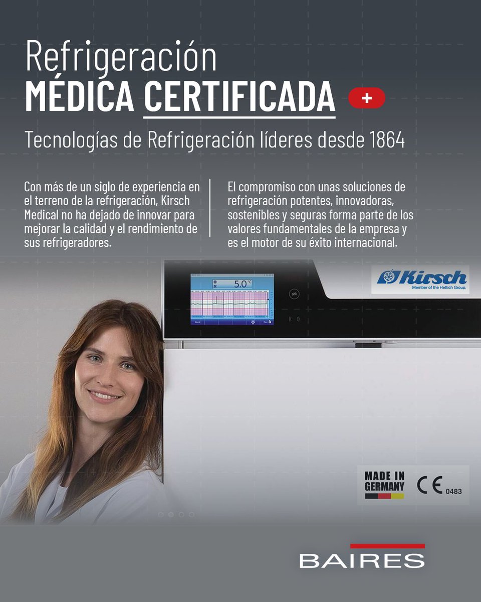 Bairesac's tweet photo. La tecnología de refrigeración médica de Kirsch Medical ofrece innovación y seguridad. Con más de un siglo de experiencia alemana, su calidad es insuperable. Visita https://t.co/h1e6k3tbTq y cuéntanos, ¿qué te parece la tecnología alemana? https://t.co/Pp7i09s5ab
