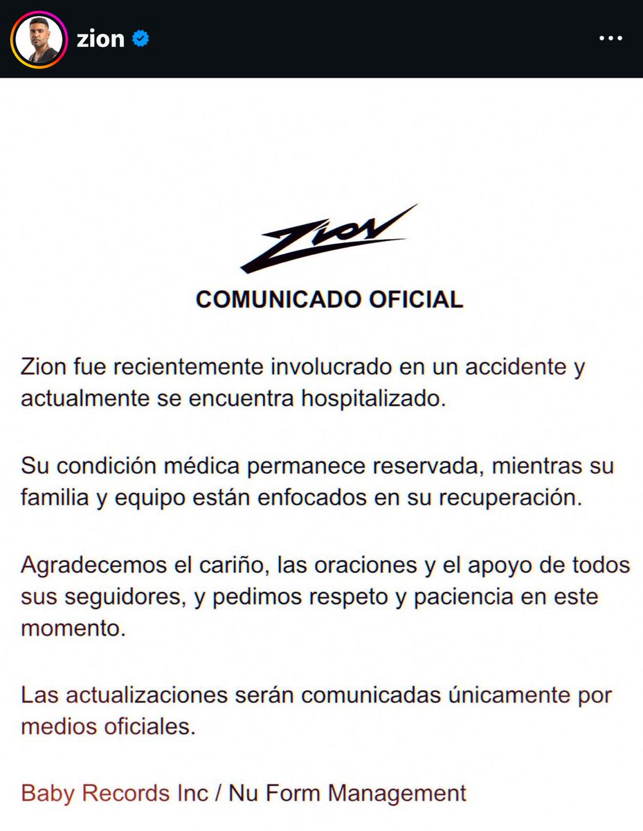 Moluskein's tweet photo. El cantante Zion se encuentra en Centro Médico de Río Piedras tras sufrir un accidente de 'fourtrack'.

Su equipo de trabajo reveló que su condición es "reservada" y el doctor encargado confirmó a Día a Día que el cantante tiene varias lesiones de cuidado.

Pronta recuperación 🙏 https://t.co/bUECgNvoaE