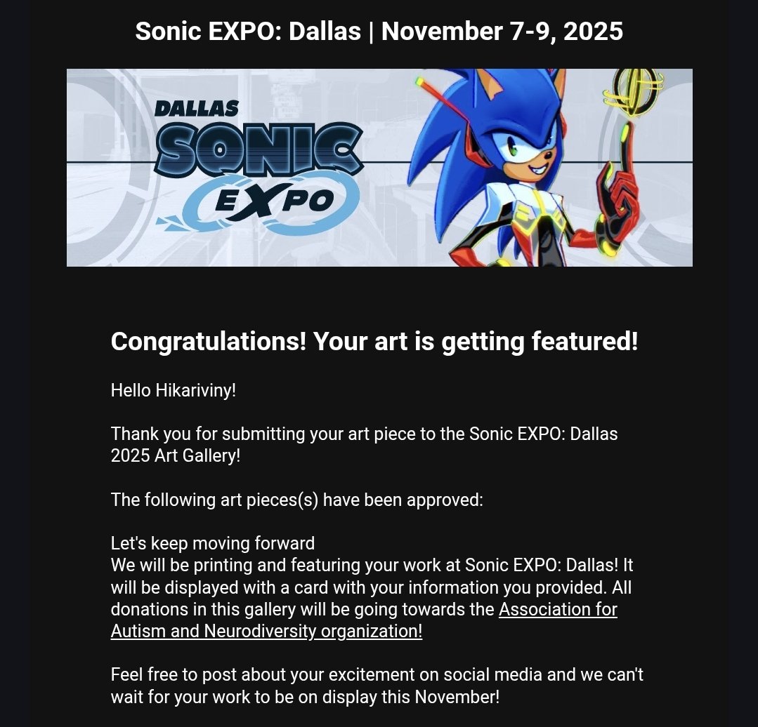 Happy to say that this piece will be featured at the Dallas Sonic Expo art gallery this year 🙌🏽✨️

And for such a good cause (*´∀`)❤️