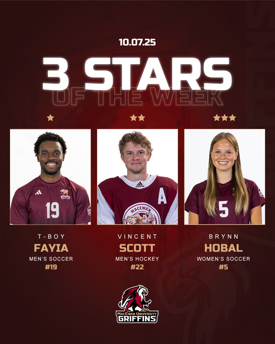 Congrats to our <a href="/MacEwanU/">MacEwan University</a> Three Stars of the Week:
⭐️ T-boy Fayia | M⚽️
⭐️⭐️ Vincent Scott | M🏒
⭐️⭐️⭐️ Brynn Hobal | W⚽️
#GriffNation

STORY➡️macewangriffins.ca/general/2025-2…