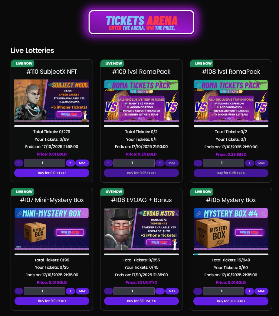 New lotteries are now live in the Arena! 🏟️

<a href="/PulsarMvX/">Pulsar MVX</a> send 150 UNITYX to 99 reactions

😍We’ve reached 110 lotteries in just two months... quite an achievement and it’s all thanks to you! 🍻

So far, we’ve given away 5.5 $EGLD, 7 NFTs and hundreds of tickets completely FREE and
