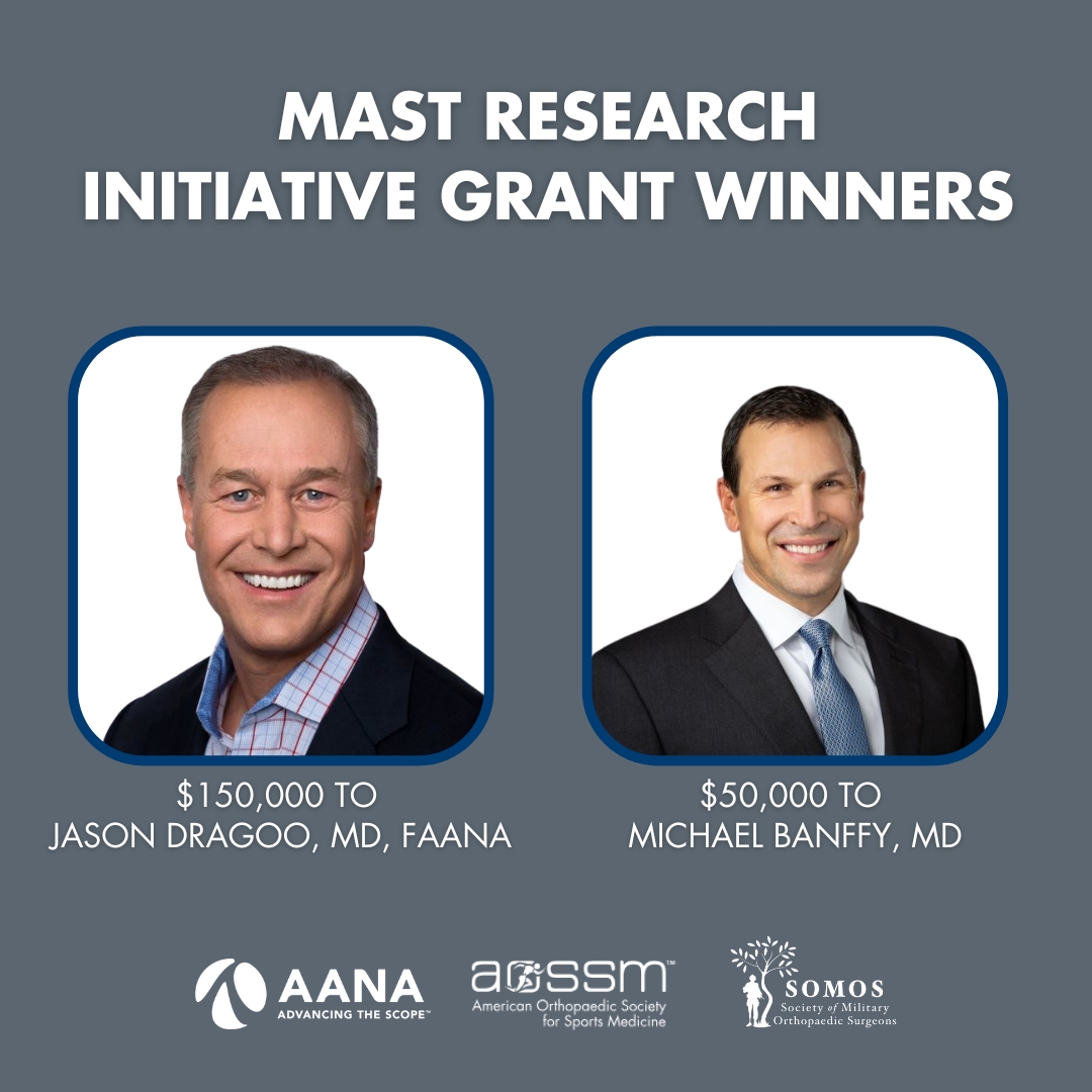 aossm1972's tweet photo. 🏆 Congrats to the 2025 MAST Award Winners!
Jason Dragoo, MD, FAANA ($150K) and Michael Banffy, MD ($50K) are recognized for their groundbreaking research advancing orthopaedic and military sports medicine.
https://t.co/YOETV3rpRk
#SportsMedicine #AOSSM @AANAORG @MilOrtho