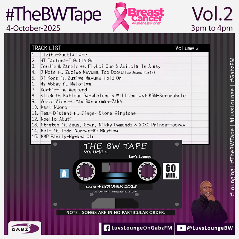 #LuvsLounge 🇧🇼 #TheBWTape Vol. 2

<a href="/lizibobw/">Lizibo Music</a> 
<a href="/httautona/">HT Tautona</a> 
<a href="/Jordie_rr/">𝐉𝐨𝐫𝐝𝐢𝐞 𝐍 𝐌𝐮𝐬𝐢𝐜®™</a>
<a href="/Zy_Astrie/">Zanele Gaborone</a> 
B Note 
<a href="/djkopsBw/">djkopsBw</a>  
<a href="/MsAbbey_m/">Senwelo Saga Caesar ❤️</a>   
Xortic 
Klick 
<a href="/VeezoView/">Veezo View</a>    
<a href="/kastalion1/">#TlatsaLebala</a> 
<a href="/TEAMDISTANT/">Team Distant</a> 
<a href="/officialnoello/">Noello</a> 
<a href="/stretchaleezy/">NZALA • 9 March 2022</a> 
Melo 
<a href="/MMPFamily/">#2025</a> 

<a href="/Gabz_FM/">Gabz-FM</a>